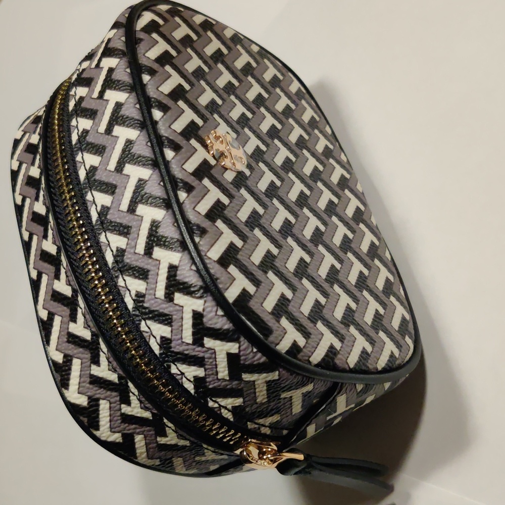 Tory Burch Black and Cream Patterned Cosmetic Case